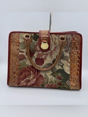 Brahmin Vintage Tapestry & Croc Embossed Leather Satchel Tote